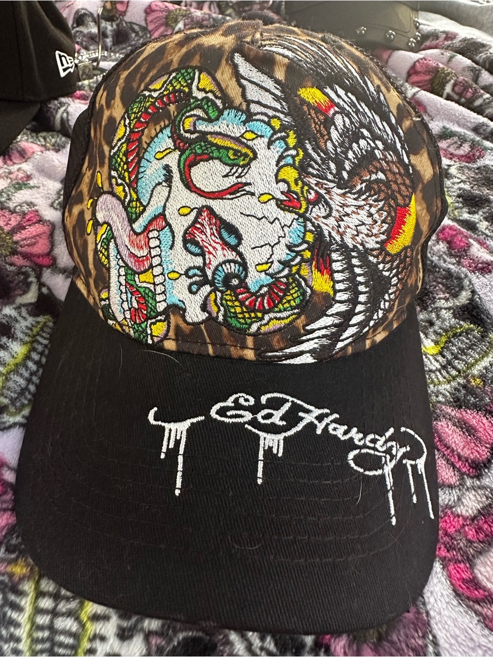 Ed Hardy Black & Leopard Embroidered Skull, Snake and Eagle Cap